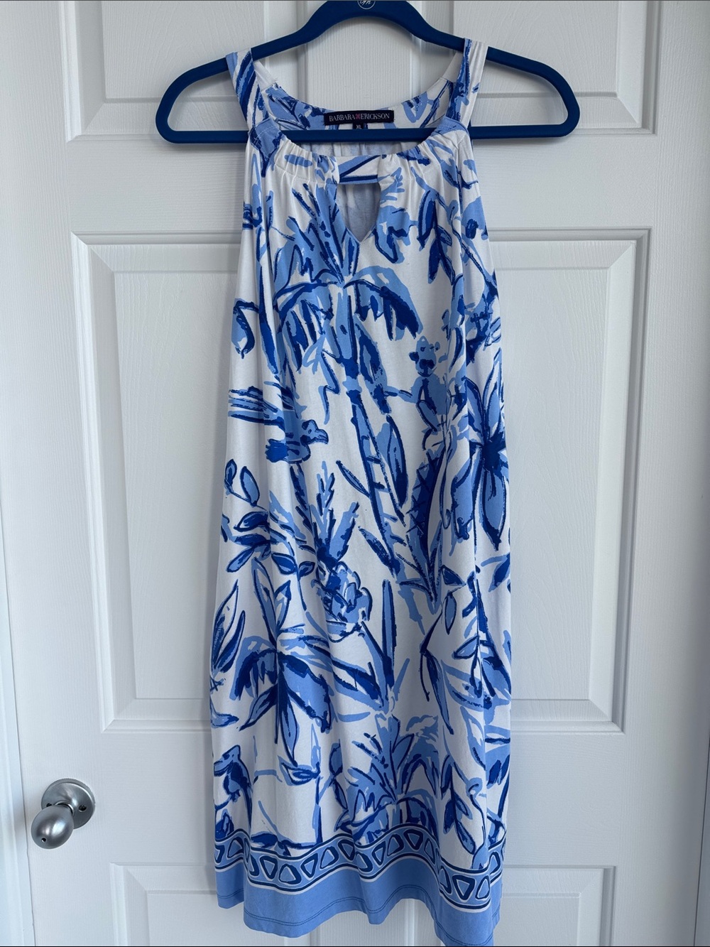 Barbara Erickson White & Blue Tropical Sleeveless Dress